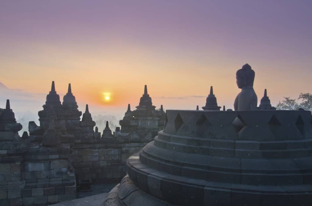 Sunrise Borobudur Temple Stupa in Yogyakarta, Java, Indonesia.