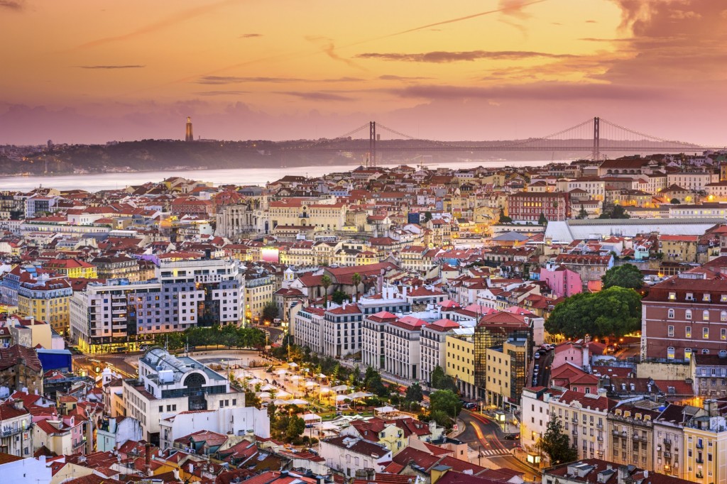 Lisbon, Portugal skyline at night.