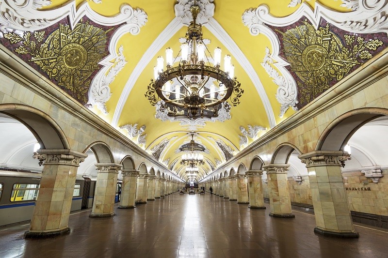 MOSCOW - MAY 4: Train at the metro station Komsomolskaya at night on May 4, 2013 in Moscow, Russia. Metro station Komsomolskaya is a great monument of the Soviet era.