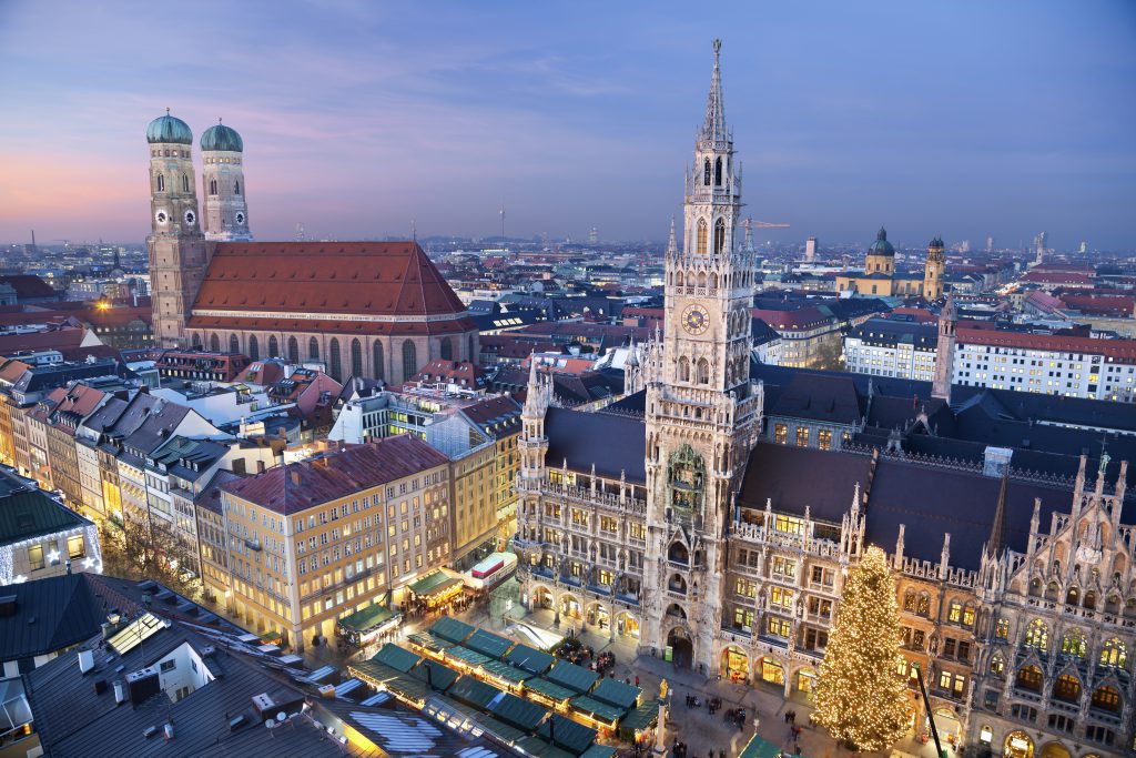 Aerial image of Munich, Germany with Christmas Market and Christmas decoration during sunset.