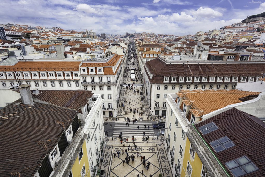 View over the central Baixa district and the pedestrian street Rua Augusta in Lisbon, Portugal.