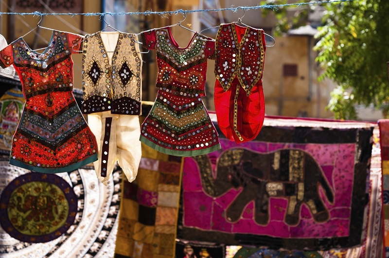 Colorful indian textile on the street bazaar, Jaipur, India