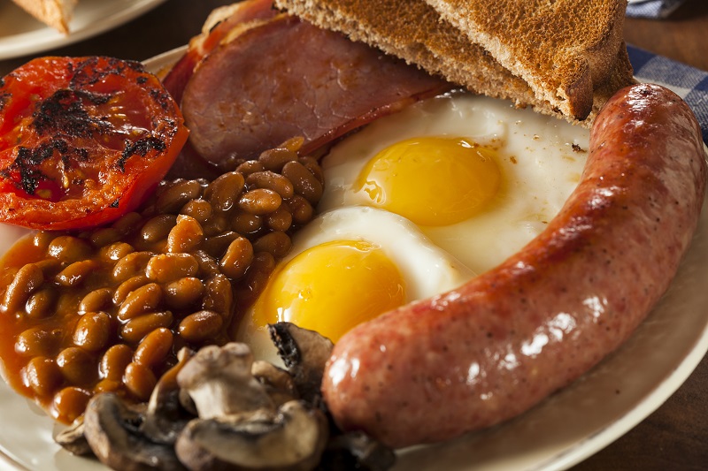 Traditional Full English Breakfast with Eggs, Bacon, Sausage, and Baked Beans