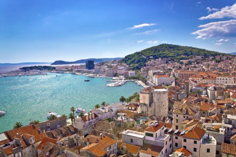Split waterfront and Marjan hill aerial view, Dalmatia, Croatia